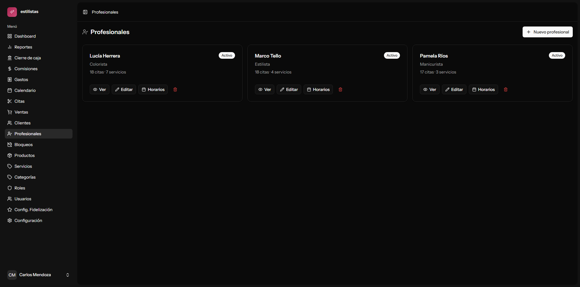 Panel de perfil de profesional en GlowApp mostrando estadísticas, citas y comisiones.